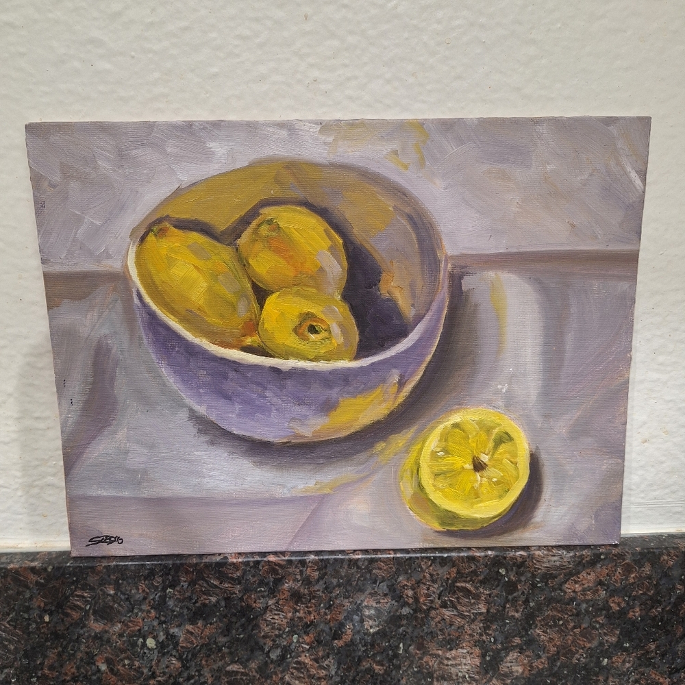 Painting Of Lemons On Canvas Panel Vtg